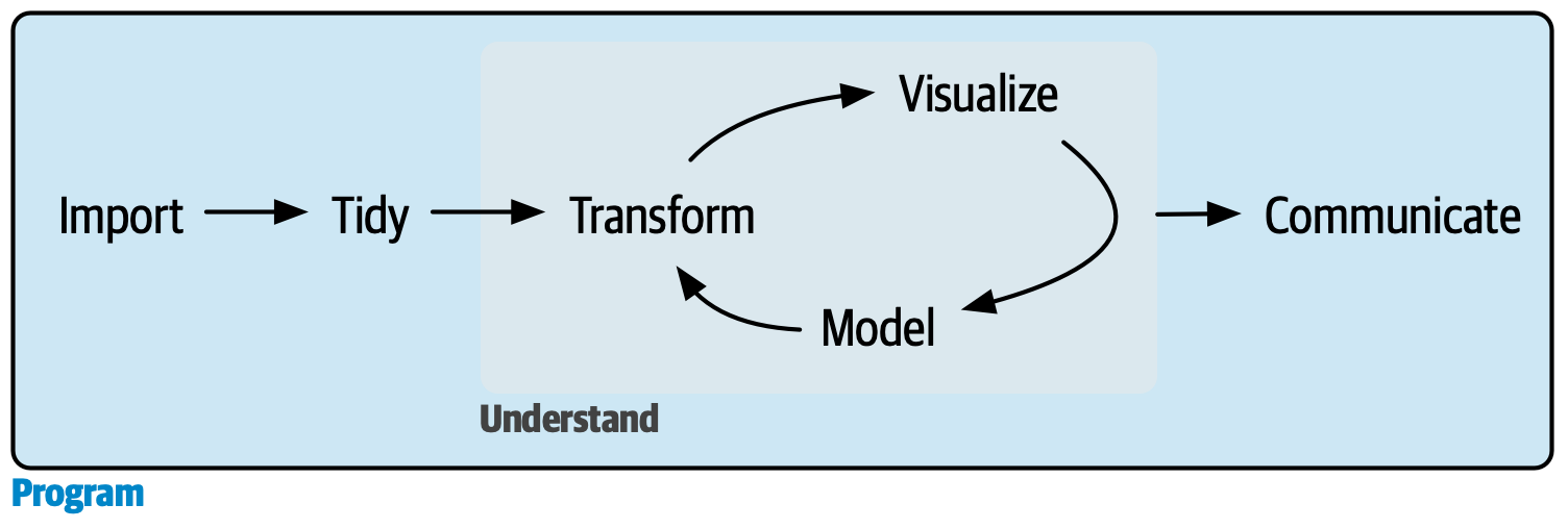 Our model of the data science process with program (import, tidy, transform, visualize, model, and communicate, i.e. everything)  highlighted in blue.