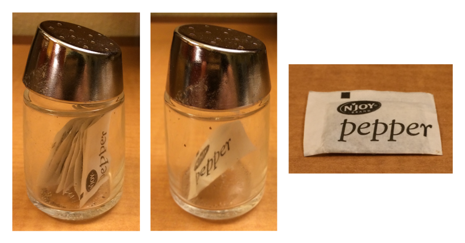 Three photos. On the left is a photo of a glass pepper shaker. Instead of  the pepper shaker containing pepper, it contains a single packet of pepper. In the middle is a photo of a single packet of pepper. On the right is a  photo of the contents of a packet of pepper.