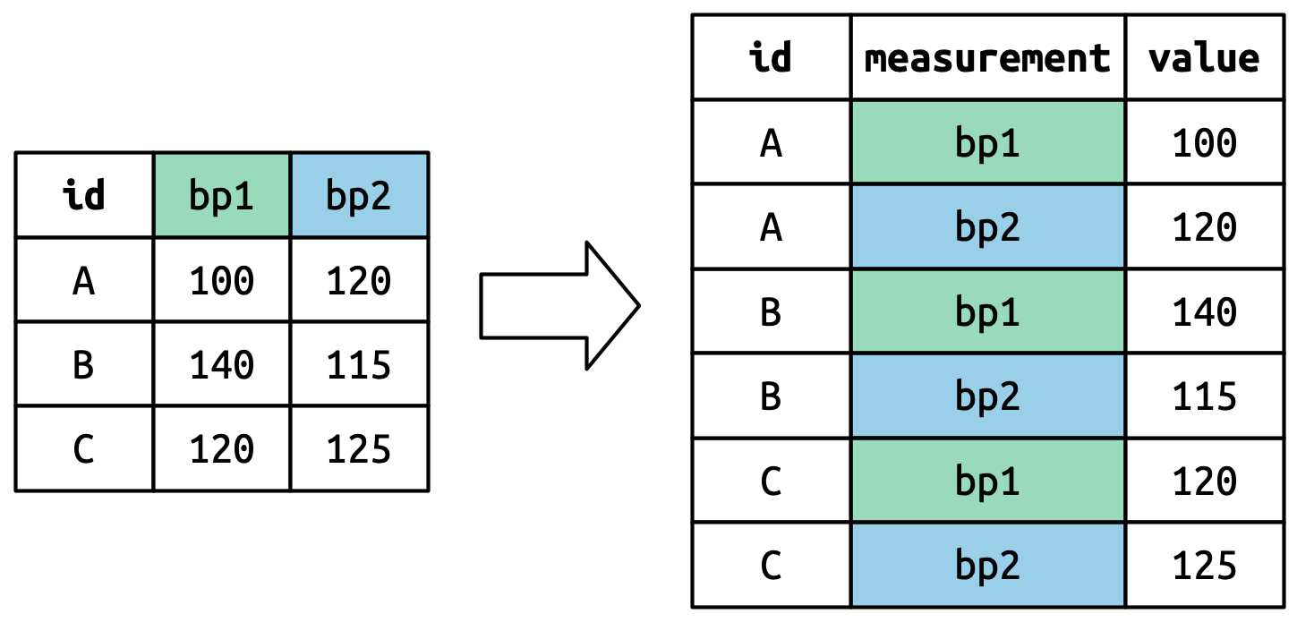 A diagram showing how `pivot_longer()` transforms a simple data set, using color to highlight how column names ("bp1" and  "bp2") become the values in a new `measurement` column. They are repeated three times because there were three rows in the input.